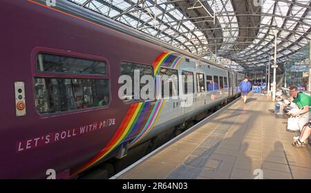 EMR Regional carriage, with roll with pride, rainbow livery, for Pride, at Lime Street station, Liverpool, Merseyside, England, UK, L1 1JD Stock Photo