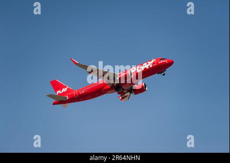 04.06.2023, Berlin, Germany, Europe - A Play Airlines Airbus A320 Neo passenger aircraft takes off from Berlin Brandenburg Airport BER. Stock Photo