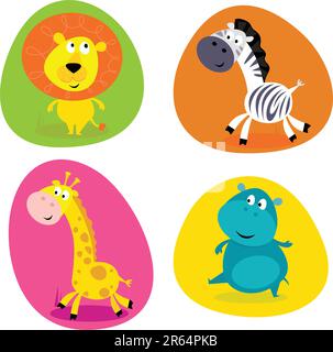 Vector Illustration of four cute wild animals buttons - lion, zebra, giraffe and hippo Stock Vector