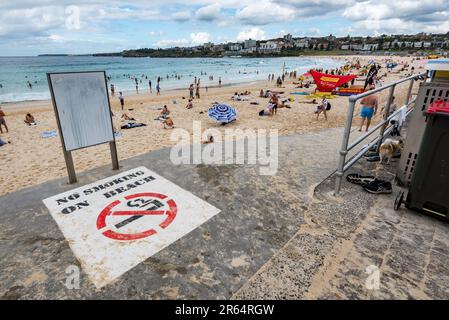 A no smoking on the beach sign painted on a concrete walkway leading to the sands of Bondi Beach in Sydney, Australia Stock Photo