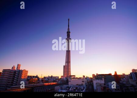 Tokyo Sky Tree in the morning and Tobu Skytree Line Stock Photo