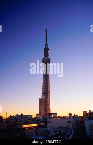 Tokyo Sky Tree in the morning and Tobu Skytree Line Stock Photo