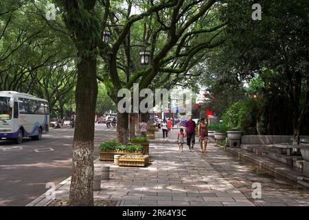 龙胜镇 (龙胜县) 中國 Longsheng, China; A wide shady street in a Chinese city; Eine breite, schattige Straße in einer chinesischen Stadt Stock Photo