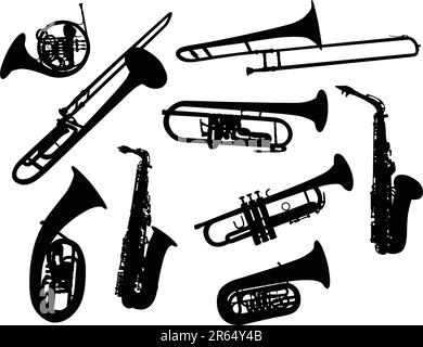 Set of different vector silhouettes wind instruments Stock Vector