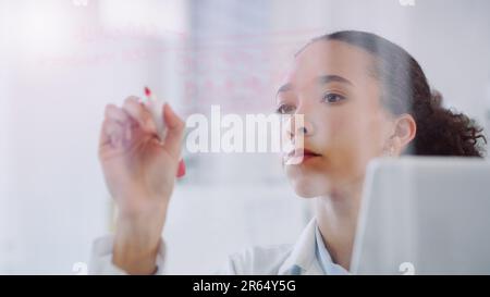 Science, laboratory and woman writing chemistry formula for research, analytics and study results on glass. Healthcare, pharmaceutical and female Stock Photo