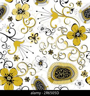 Seamless white floral pattern with black and golden curls (vector) Stock Vector