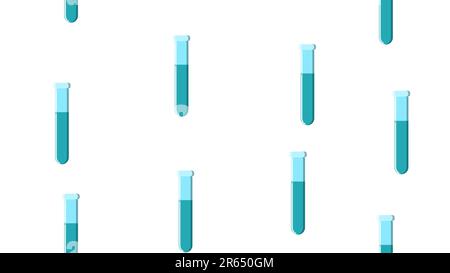 Seamless pattern texture of endless repetitive long blue medical chemical glass scientific test tubes of flasks cans on white background. Vector illus Stock Vector