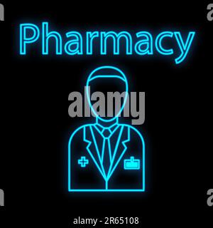 Bright luminous blue medical digital neon sign for a pharmacy or hospital store beautiful shiny with a doctor and the inscription medicine on a black Stock Vector