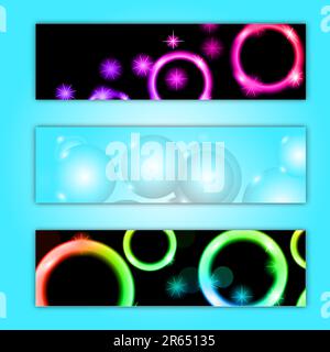 A set of three abstract multicolored background textures of posters from magical beautiful digital glowing bright energy magically shining electricall Stock Vector