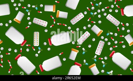Endless seamless pattern of medical scientific medical items icons jars with pills capsules on a green background. Vector illustration. Stock Vector