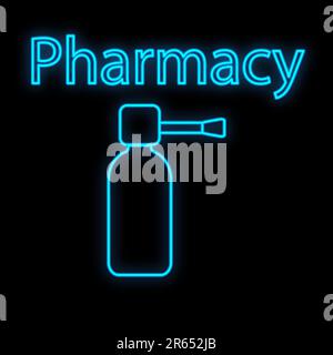 Bright luminous blue medical digital neon sign for a pharmacy or hospital store beautiful shiny with drops and sprays and the inscription pharmacy on Stock Vector