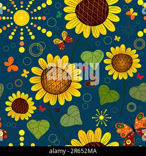 Seamless floral dark blue summer pattern with sunflowers, the sun and butterflies (vector) Stock Vector