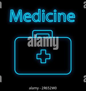 Bright luminous blue medical digital neon sign for a pharmacy or hospital store beautiful shiny with a first aid kit and the inscription medicine on a Stock Vector