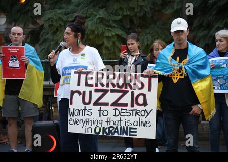 Sydney, Australia. 7th June 2023. Ukrainians and their supporters hold#StopEcocideUkraine Rally outside Sydney Town Hall following the Russians blowing up the dam at Nova Kahovka. Credit: Richard Milnes/Alamy Live News Stock Photo