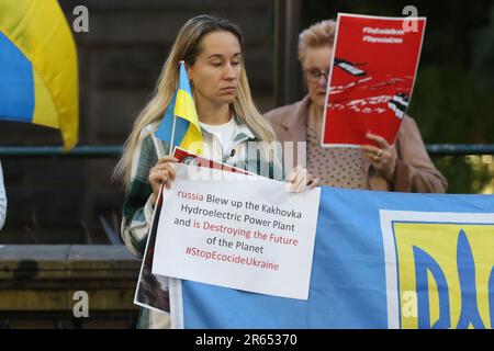 Sydney, Australia. 7th June 2023. Ukrainians and their supporters hold#StopEcocideUkraine Rally outside Sydney Town Hall following the Russians blowing up the dam at Nova Kahovka. Credit: Richard Milnes/Alamy Live News Stock Photo