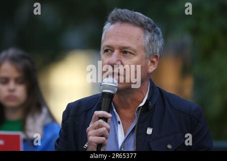 Sydney, Australia. 7th June 2023. Ukrainians and their supporters hold#StopEcocideUkraine Rally outside Sydney Town Hall following the Russians blowing up the dam at Nova Kahovka. Credit: Richard Milnes/Alamy Live News Stock Photo