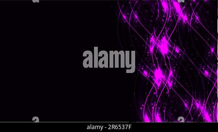 Violet transparent abstract shiny magical cosmic magical energy lines, rays with glare and dots and light shines on a dark background on the right. Ve Stock Vector