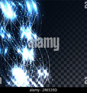Blue lines abstract energetic magical electric magic waves on a translucent dark squared gray background of squares. Vector illustration. Stock Vector