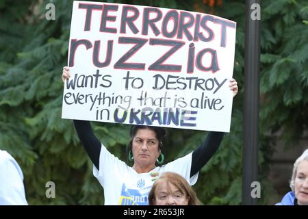 Sydney, Australia. 7th June 2023. Ukrainians and their supporters hold#StopEcocideUkraine Rally outside Sydney Town Hall following the Russians blowing up the dam at Nova Kahovka. Credit: Richard Milnes/Alamy Live News Stock Photo