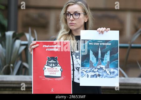 Sydney, Australia. 7th June 2023. Ukrainians and their supporters hold#StopEcocideUkraine Rally outside Sydney Town Hall following the Russians blowing up the dam at Nova Kahovka. Credit: Richard Milnes/Alamy Live News Stock Photo