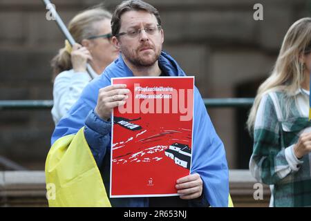 Sydney, Australia. 7th June 2023. Ukrainians and their supporters hold#StopEcocideUkraine Rally outside Sydney Town Hall following the Russians blowing up the dam at Nova Kahovka. Credit: Richard Milnes/Alamy Live News Stock Photo