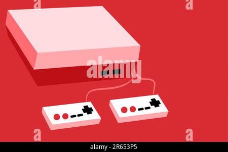 Pink old retro hipster rectangular volumetric vintage antique game console with two joys and buttons on a pink background. Vector illustration Stock Vector