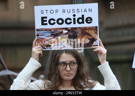 Sydney, Australia. 7th June 2023. Ukrainians and their supporters hold#StopEcocideUkraine Rally outside Sydney Town Hall following the Russians blowing up the dam at Nova Kahovka. Credit: Richard Milnes/Alamy Live News Stock Photo