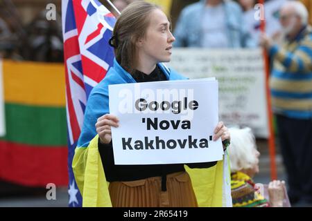 Sydney, Australia. 7th June 2023. Ukrainians and their supporters hold#StopEcocideUkraine Rally outside Sydney Town Hall following the Russians blowing up the dam at Nova Kahovka. Credit: Richard Milnes/Alamy Live News Stock Photo