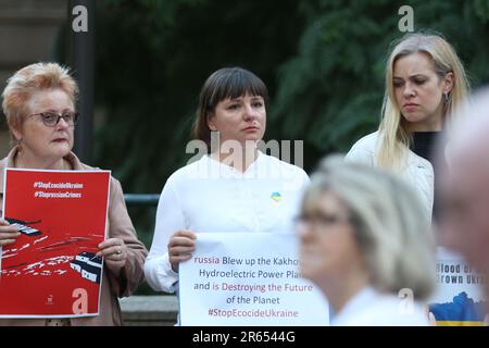 Sydney, Australia. 7th June 2023. Ukrainians and their supporters hold#StopEcocideUkraine Rally outside Sydney Town Hall following the Russians blowing up the dam at Nova Kahovka. Credit: Richard Milnes/Alamy Live News Stock Photo