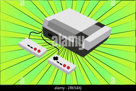 Retro old antique hipster electronic game console with joysticks from the 70s, 80s, 90s, 2000s against a background of abstract green rays. Vector ill Stock Vector