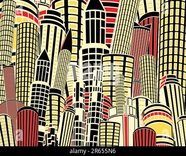 Editable vector illustration of tall city buildings at night Stock ...