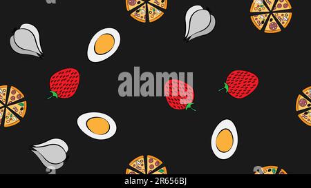 Seamless pattern pizza garlic strawberry eggs fast food delicious sweet fresh beautiful on a black background. The texture is endless. Stock Vector