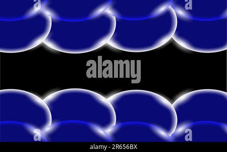 Blue abstract shiny beautiful and convex smooth bulky simple balls, bubbles, circles with glare of light located on top and bottom on a black backgrou Stock Vector