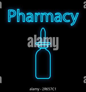 Bright luminous blue medical digital neon sign for a pharmacy or hospital store beautiful shiny with drops and sprays and the inscription pharmacy on Stock Vector