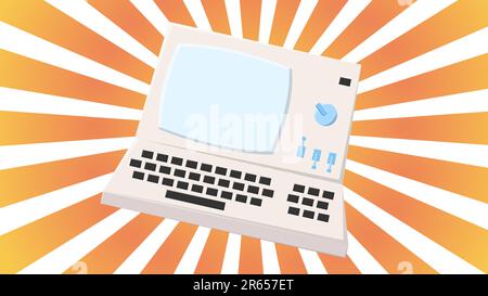 Old retro vintage hipster computer, pc with monitor and keyboard from 70s, 80s, 90s against the background of the orange rays of the sun. Vector illus Stock Vector