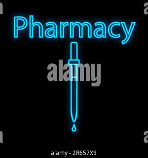 Bright luminous blue medical digital neon sign for a pharmacy or hospital store beautiful shiny with a dropper and the inscription pharmacy on a black Stock Vector
