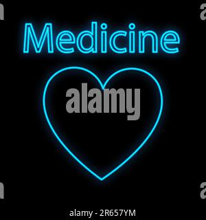 Bright luminous blue medical digital neon sign for a pharmacy or hospital store beautiful shiny with a heart and the inscription medicine on a black b Stock Vector