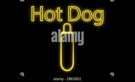 hot dog on a black background, neon, vector illustration. sausage sandwich, stuffed, appetizing bun. neon with an inscription in yellow. bright signbo Stock Vector
