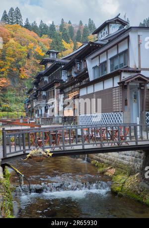 Ginzan Onsen and autumn leaves Stock Photo