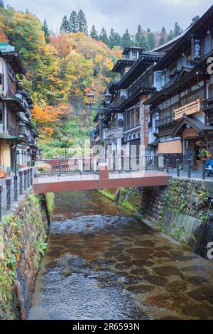 Ginzan Onsen and autumn leaves Stock Photo