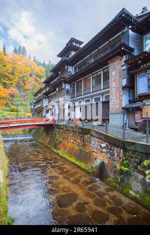 Ginzan Onsen and autumn leaves Stock Photo