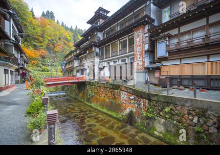 Ginzan Onsen and autumn leaves Stock Photo