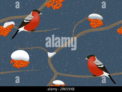 Seamless illustration of bullfinches on rowan tree in winter and snow  AI8 compatible eps file Stock Vector