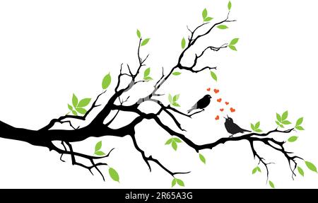 two birds in love, sitting on a branch Stock Vector