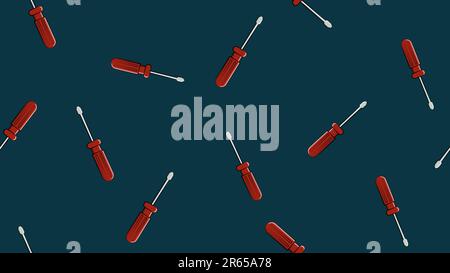 Texture, seamless abstract pattern of metal construction red plastic screwdrivers for repair, tool on blue background. Vector illustration. Stock Vector