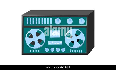 Old isometry retro green vintage music cassette tape recorder with magnetic tape on reels and speakers from the 70s, 80s, 90s. Beautiful icon. Vector Stock Vector