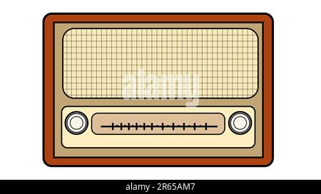 Brown with yellow old retro antique vintage rectangular first hipster radio, music radio receiver with round winders on a white background. Stock Vector