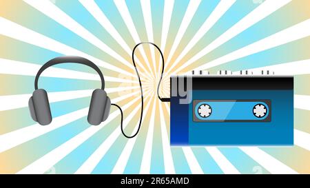 Blue old retro vintage hipster realistic volumetric portable music cassette audio player for playing audio cassettes from the 80's, 90's and headphone Stock Vector