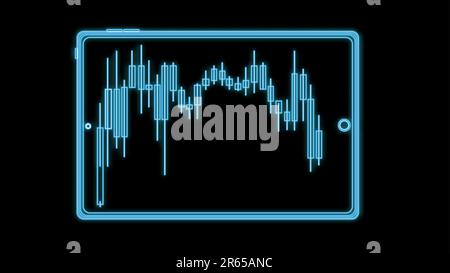 A beautiful abstract neon bright glowing icon, a signboard from a modern smart tablet with financial business charts, candlesticks and copy space on a Stock Vector