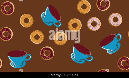 Seamless pattern, texture from different round sweet tasty hot donuts with sugar in caramel chocolate and a cup of hot strong coffee on a brown backgr Stock Vector